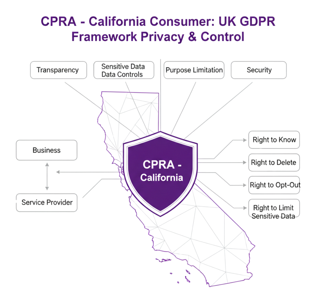 California Privacy Rights Act CPRA Framework CPRA California framework showing consumer rights, sensitive data controls, and business obligations