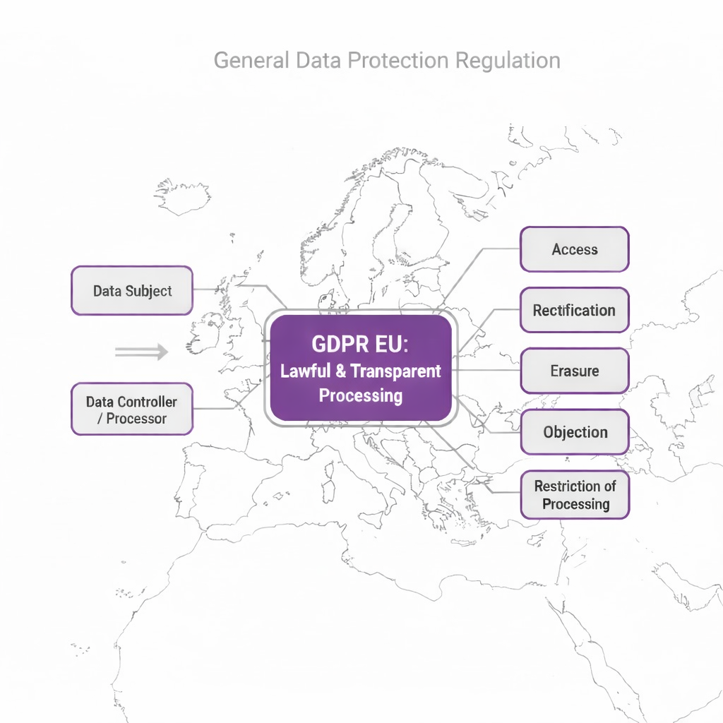 EU GDPR lawful processing and data subject rights framework EU GDPR framework showing lawful and transparent processing, data controllers, processors, and data subject rights