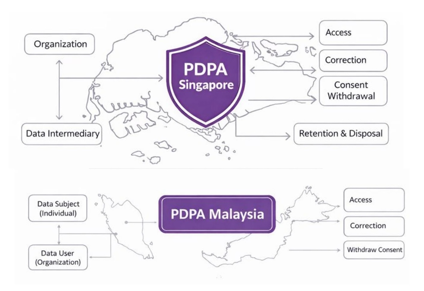 PDPA Singapore and Malaysia Compliance Framework PDPA compliance framework for Singapore and Malaysia showing organisational duties, data intermediaries, and individual rights
