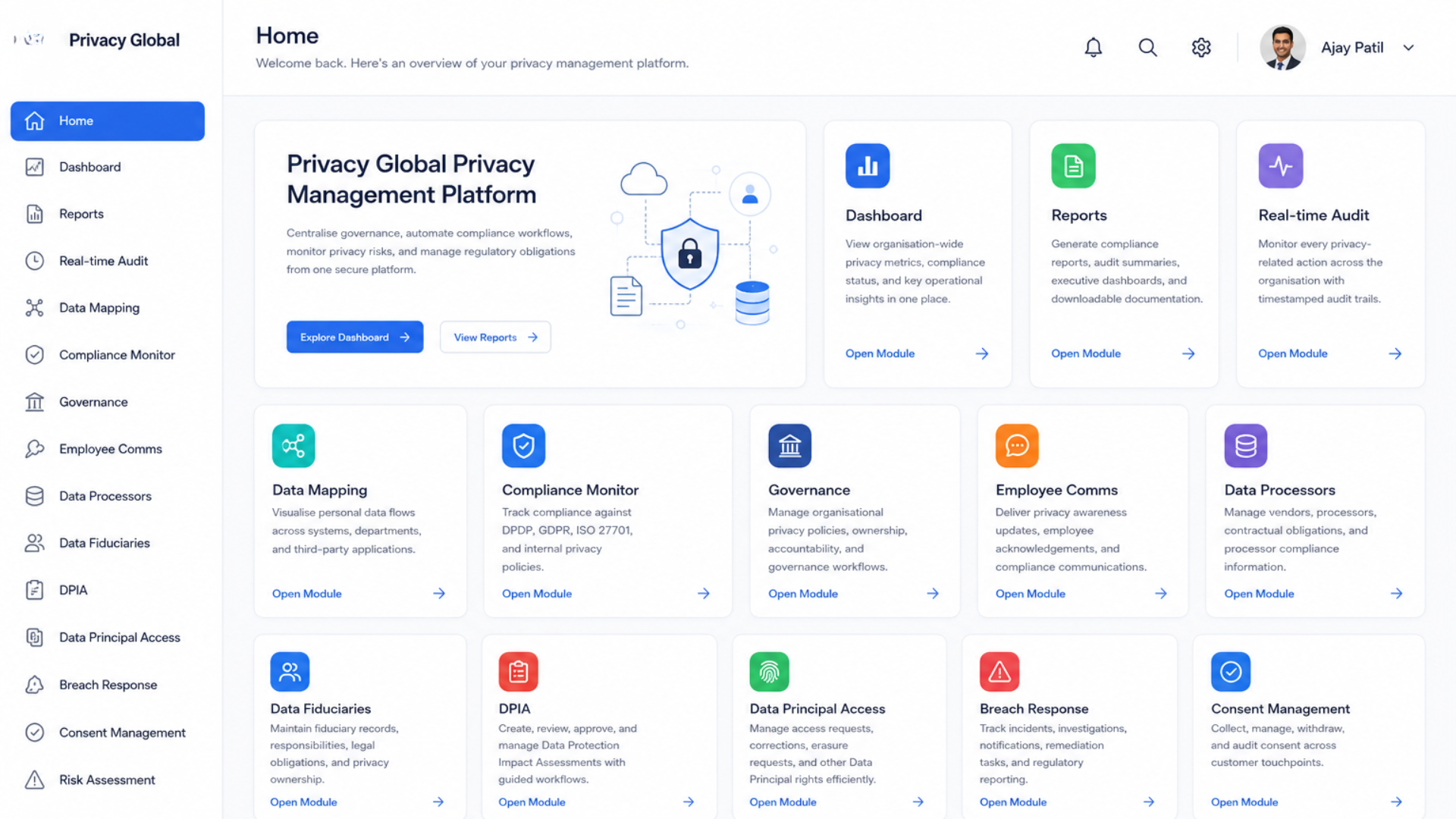 Privacy Governance dashboard displaying Consent Management, RoPA, DPIA, Vendor Risk Assessment, and Data Subject Rights modules.