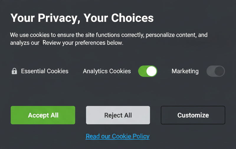 Example of a good cookie banner Compliant cookie banner with 'Accept All,' 'Reject All,' and 'Customise' options for categorized consent.