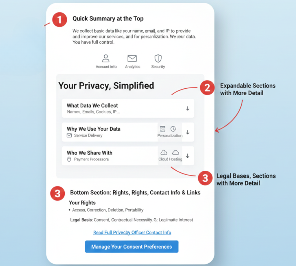 Example of a good privacy notice Layered privacy notice structure with a short summary and navigable sections for easy readability.
