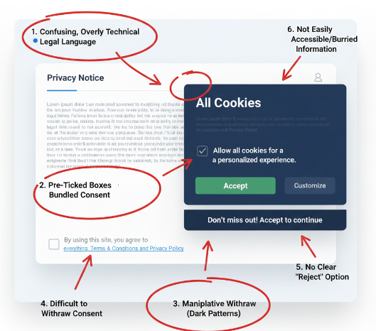 Example of bad privacy notice Bad privacy notice with pre-checked boxes and confusing language