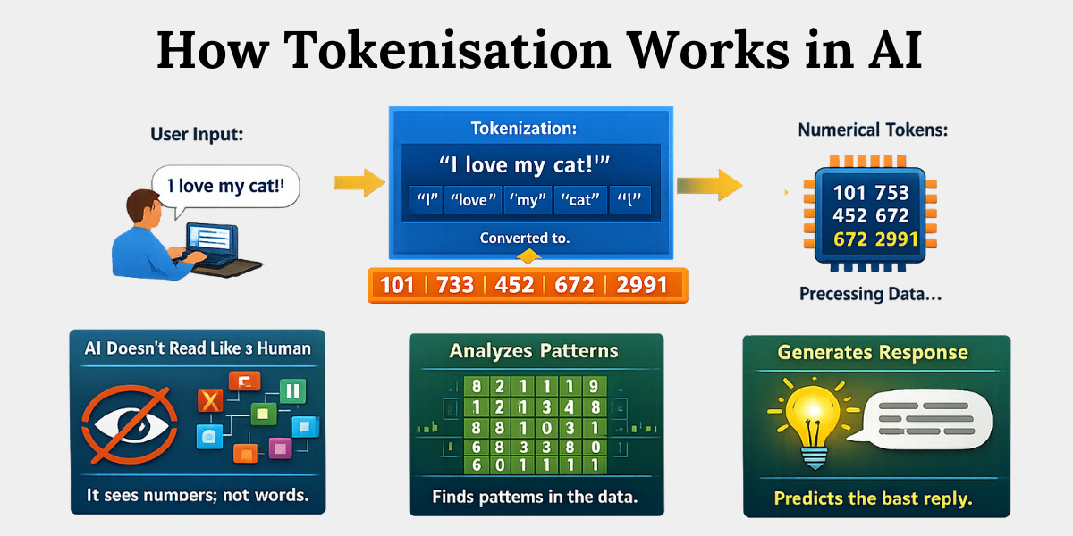 How Tokenization Works in AI Data Processing Sentence entered by a user is broken into tokens and converted into numbers, showing how AI processes text for analysis.