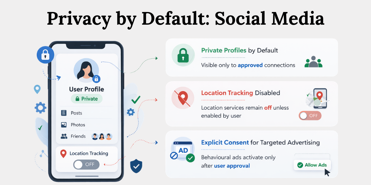 Privacy by Default Example in Social Media Platforms Privacy by Default example showing private profiles, disabled location tracking, and consent-based ads on social media