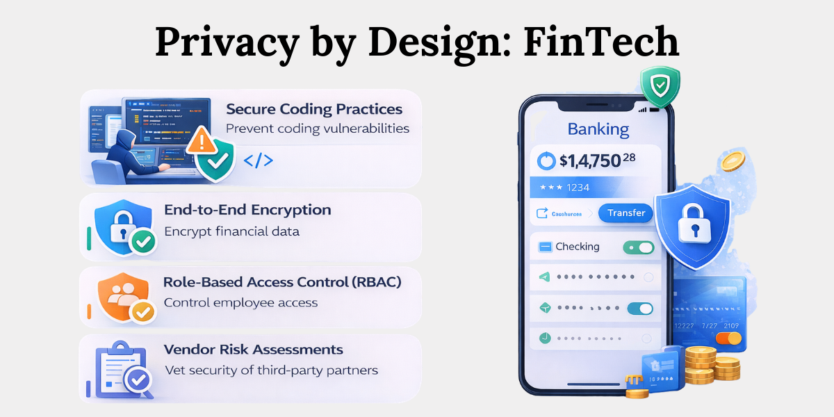 Privacy by Design in fintech showing encryption, secure coding, RBAC access control, and vendor risk assessment Privacy by Design Example in Fintech Systems