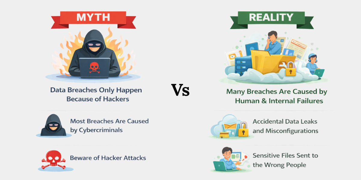 Common Causes of Data Breaches Explained Data breach myth showing many breaches occur due to human error and internal failures