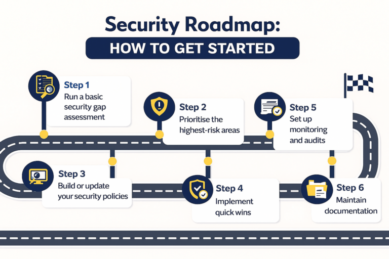 Security roadmap how to get started Security roadmap steps shown along a path.
