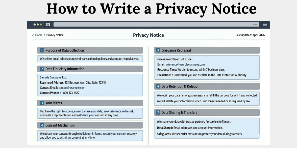 DPDP Compliant Privacy Notice Example DPDP privacy notice example showing data collection, rights, consent, grievance, retention, and sharing details