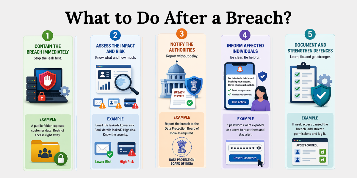 5 Step Data Breach Response Plan under DPDP Act Five step data breach response process under DPDP Act including containment, assessment, reporting and user protection