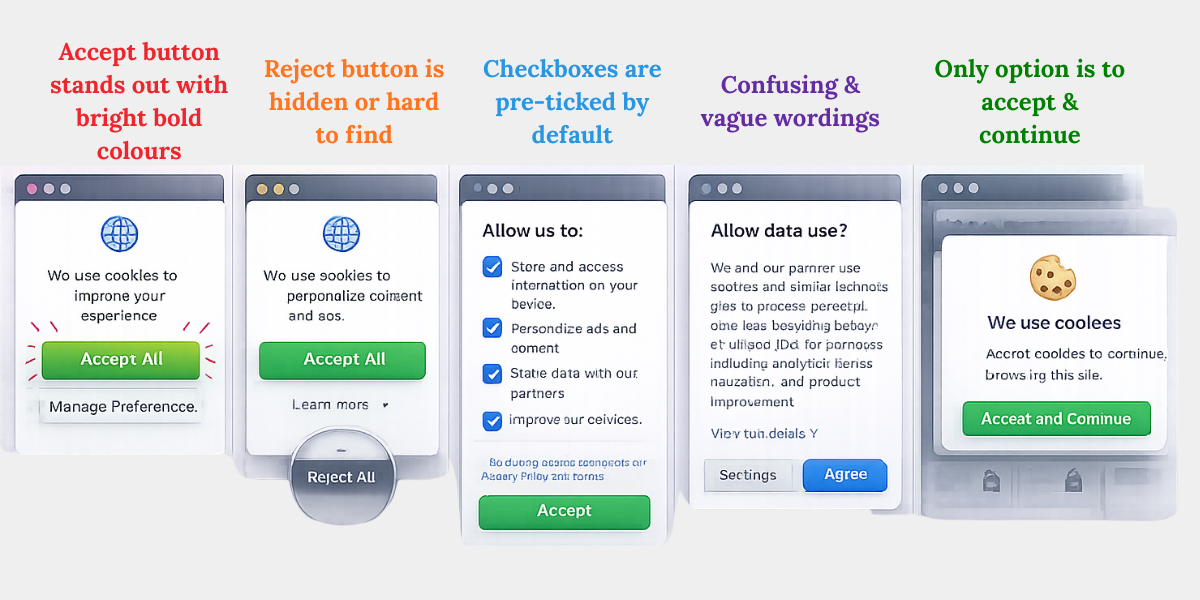 Dark Patterns in User Consent Examples of dark patterns in user consent such as hidden reject buttons and pre-ticked checkboxes
