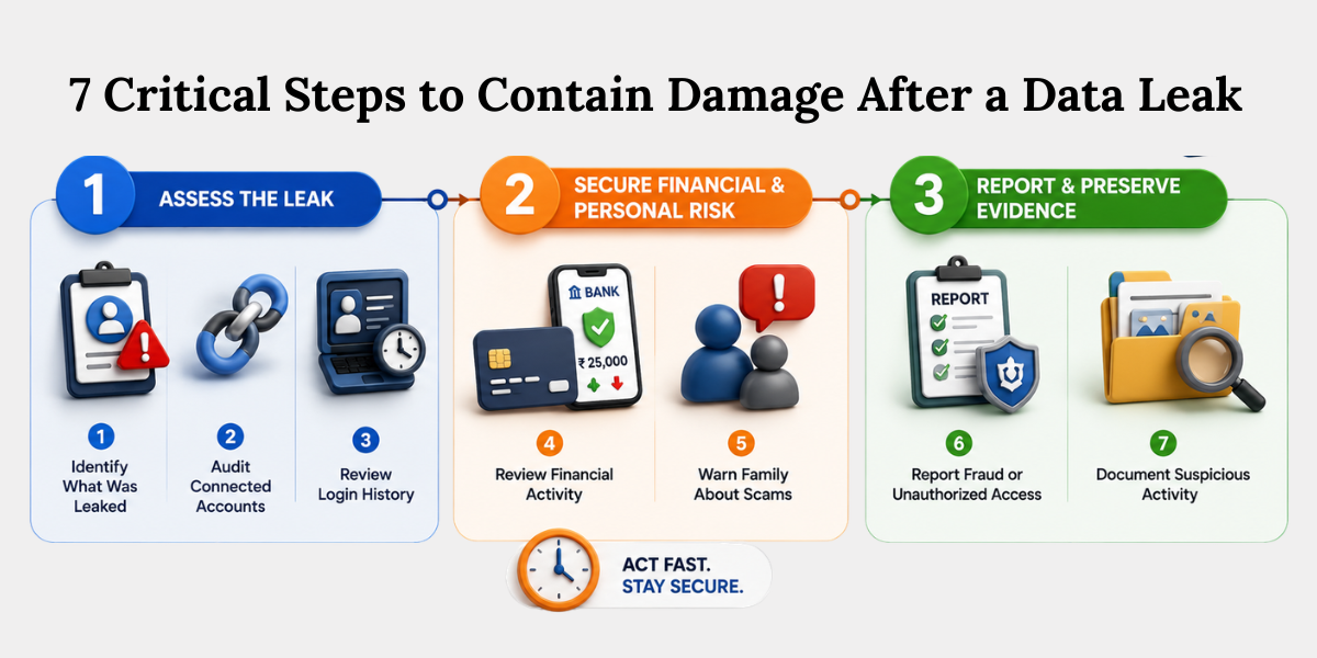 7 Steps to Take After a Data Leak Infographic showing seven important steps to reduce fraud risks after a personal data leak