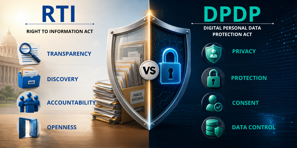RTI vs DPDP Comparison: Transparency vs Privacy RTI and DPDP comparison showing transparency, privacy, accountability, consent, and data control