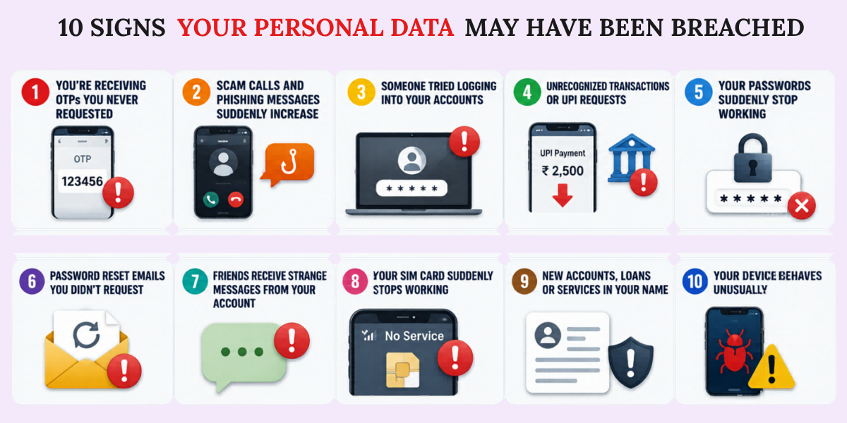 10 Common Signs Your Personal Data Was Breached Unexpected OTPs, scam calls, login alerts, and UPI fraud warnings linked to possible personal data breaches