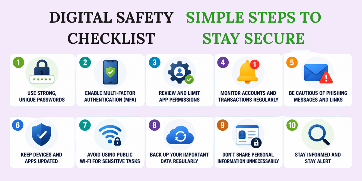 Digital Safety Checklist for Better Online Protection Checklist showing password security, MFA, phishing awareness, and safe browsing practices for data protection