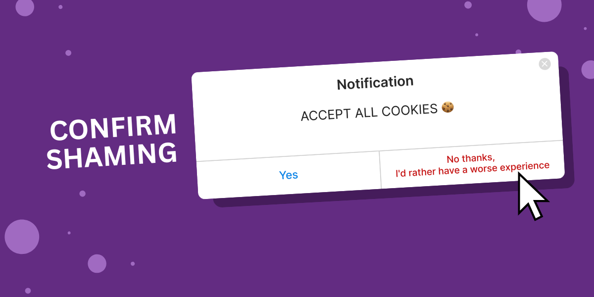 Confirmshaming in Consent Design Cookie consent popup using guilt-inducing language to influence users into accepting tracking preferences