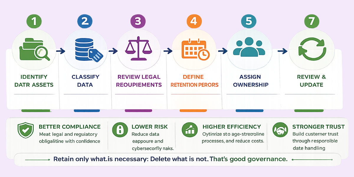 How to Create a Data Retention Policy Seven-step process to create a data retention policy covering data inventory, classification, retention periods, and governance