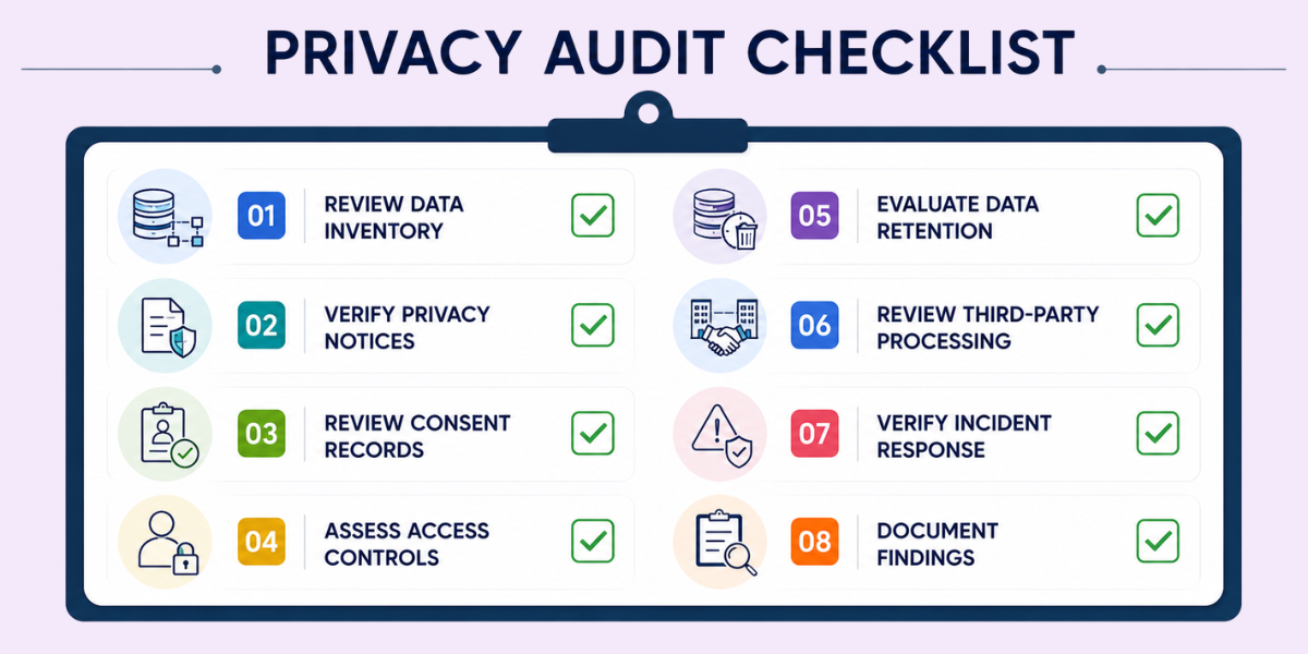Privacy audit checklist with eight essential compliance checks. Privacy audit checklist covering data inventory, privacy notices, consent, access controls, retention, vendors, incidents, and findings.
