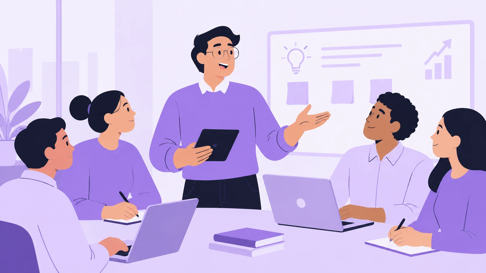 Employee taking ownership by presenting ideas and leading a team discussion