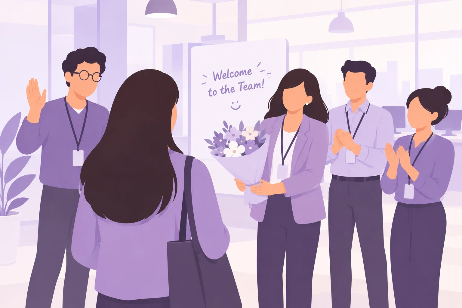 New employee being welcomed by colleagues during workplace onboarding