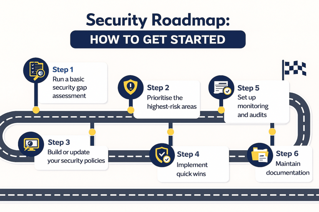 Security roadmap steps shown along a path.