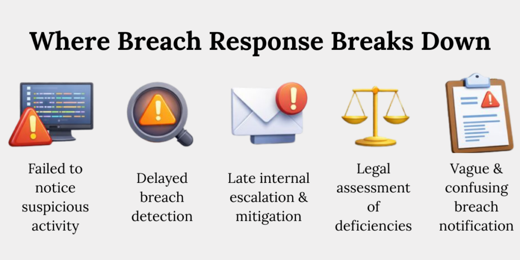 Breakdown of DPDP breach response showing delayed detection, weak escalation, unclear assessment, and notification failures