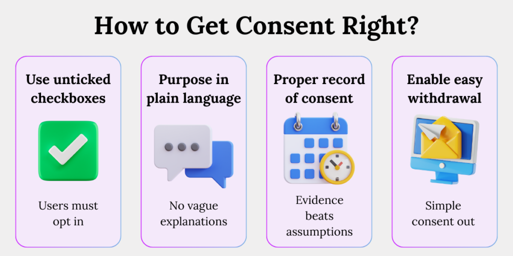Best practices for valid consent under DPDP including unticked checkboxes, clear purpose, consent records, and easy withdrawal