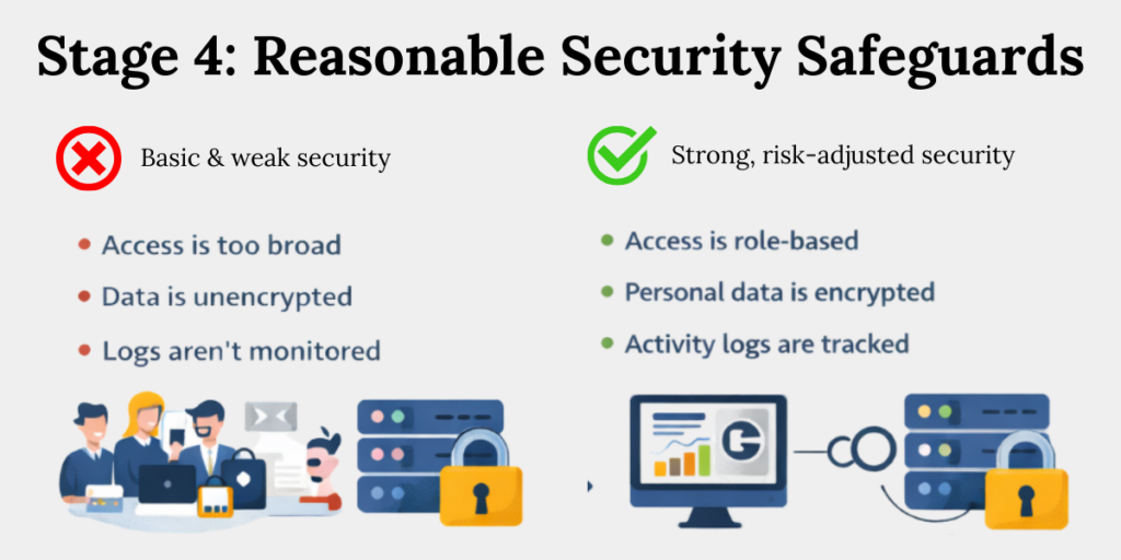 Difference between weak security controls and reasonable, risk-based security safeguards required by the DPDP Act.