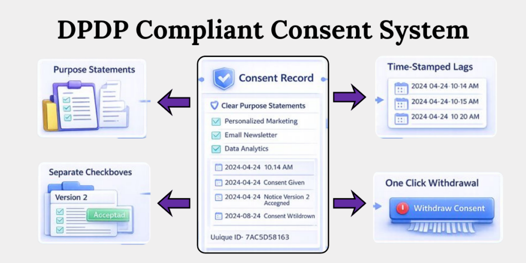 DPDP compliant consent system showing purpose statements, consent records, timestamps and withdrawal mechanism