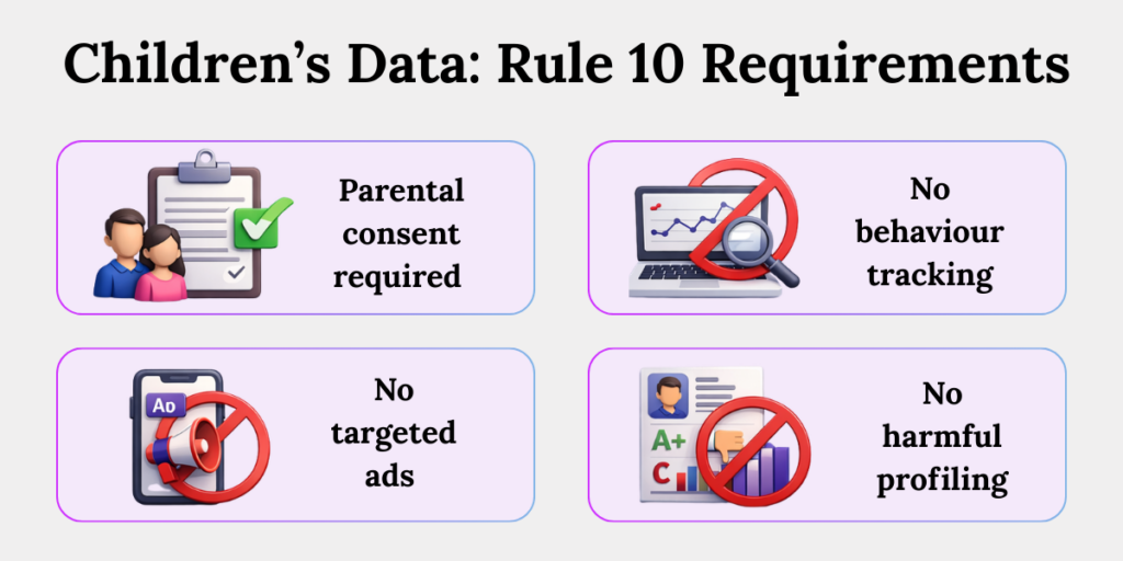 DPDP Rule 10 requirements for children’s personal data in educational institutions including consent and tracking limits